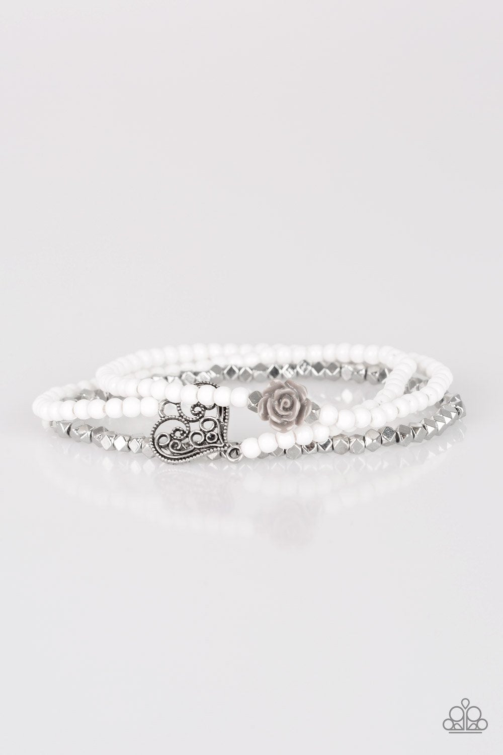 Lovers Loot - White - Silver Heart & Rose Charms 
