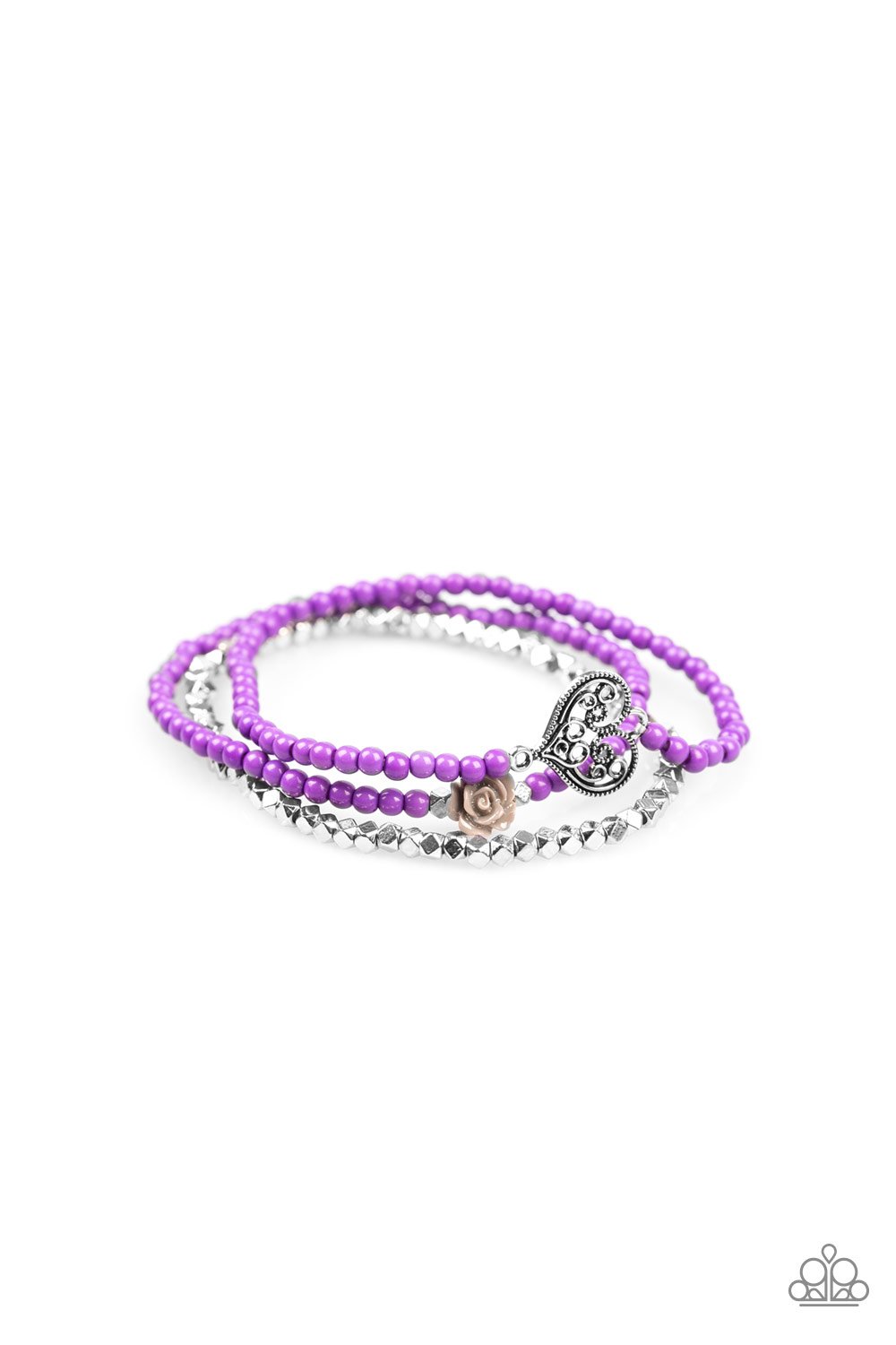 Lovers Loot - Purple - Silver Heart & Rose Charms