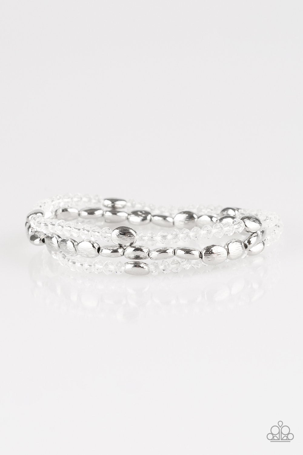 HELLO BEAUTIFUL - WHITE CRYSTAL BEAD SILVER STRETCHY BRACELET - PAPARAZZI