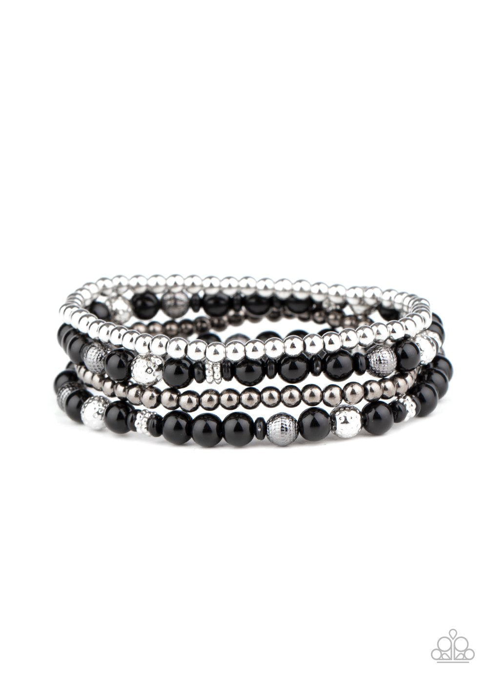 STACKED STYLE MAKER - BLACK GUN METAL SILVER BEAD STRETCHY BRACELET SET - PAPARAZZI
