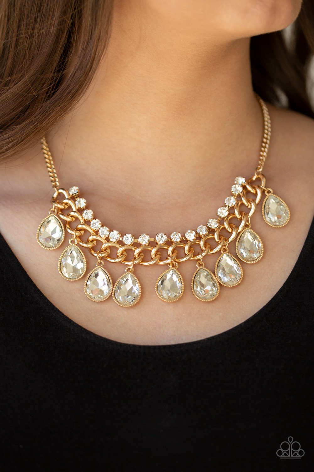 All Toget-HEIR Now - Gold - White Teardrop Rhinestones - Necklace & Earrings