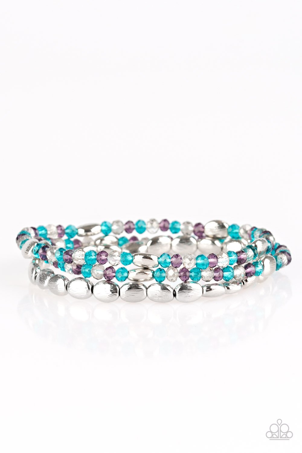 HELLO BEAUTIFUL - PAPARAZZI - MULTI BLUE PURPLE CRYSTAL BEAD SILVER STRETCHY BRACELET