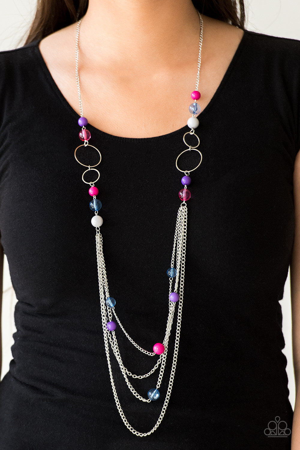 Bubbly Bright - Multi Colored Beads Silver Hoops Necklace 